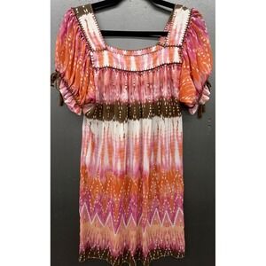 Womens Dress M Pink Orange Brown Short Sleeve Lightweight Boho Peasant Y2K